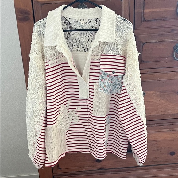 POL Tops - POL White Lace Textured Top With Red Stripes Size Large NWOT